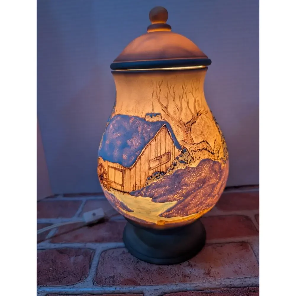 Vintage Hand Painted Ceramic Lamp Jar Light Snow Coverd Winter Church Home Scene